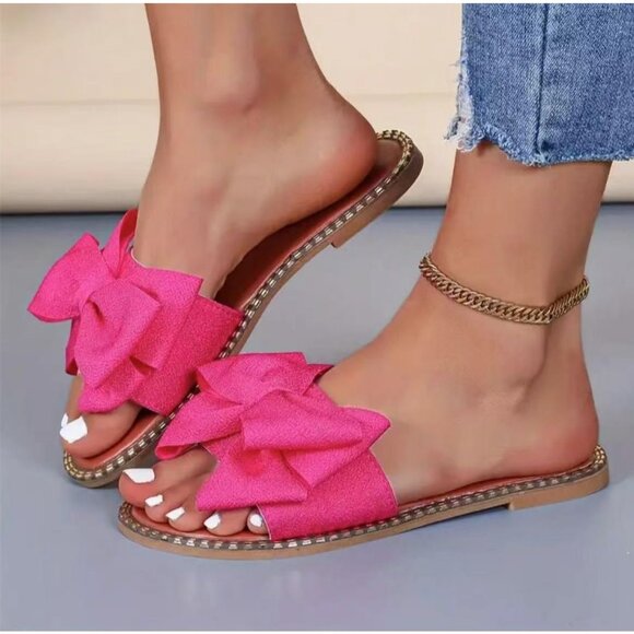 Women's Pink Brown Bow Knot Open Toe Slip On Slides Flat Slippers Sandals - Picture 4 of 4